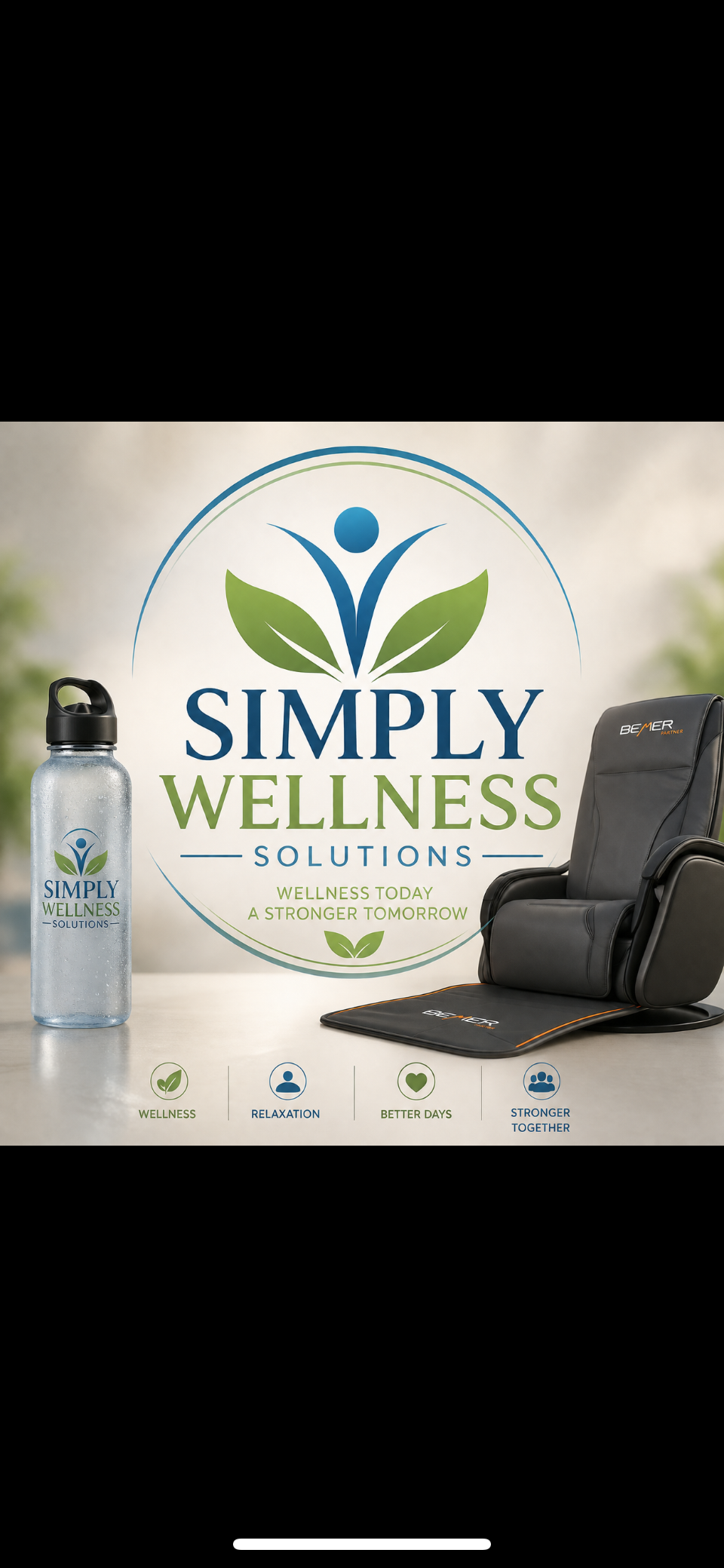 Simply Wellness Solutions proposed brand with blue human and green leaves, water bottle and BEMER equipment