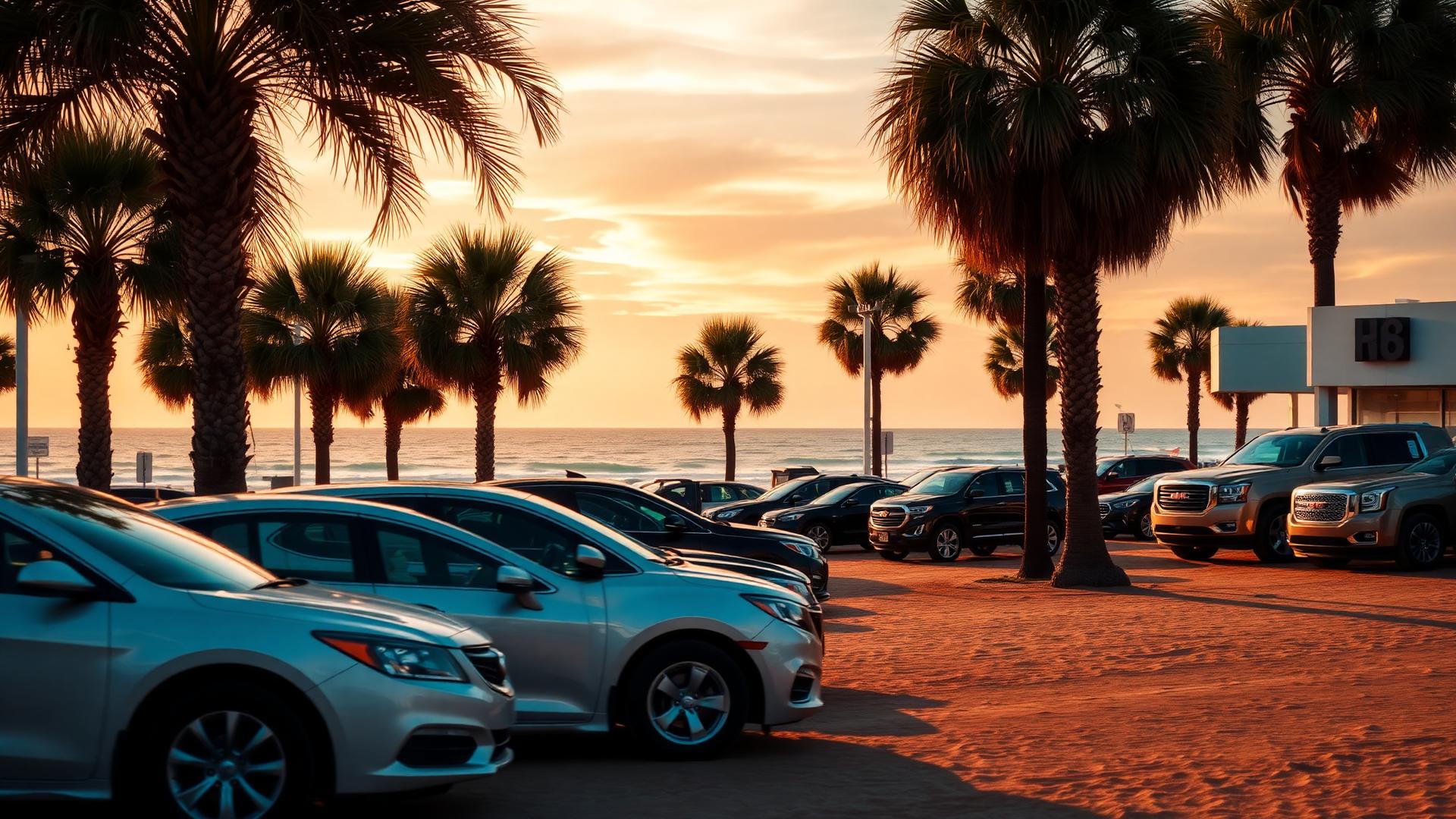 Used cars parked at a Gulf Coast dealership at sunset with palm trees and ocean in the background