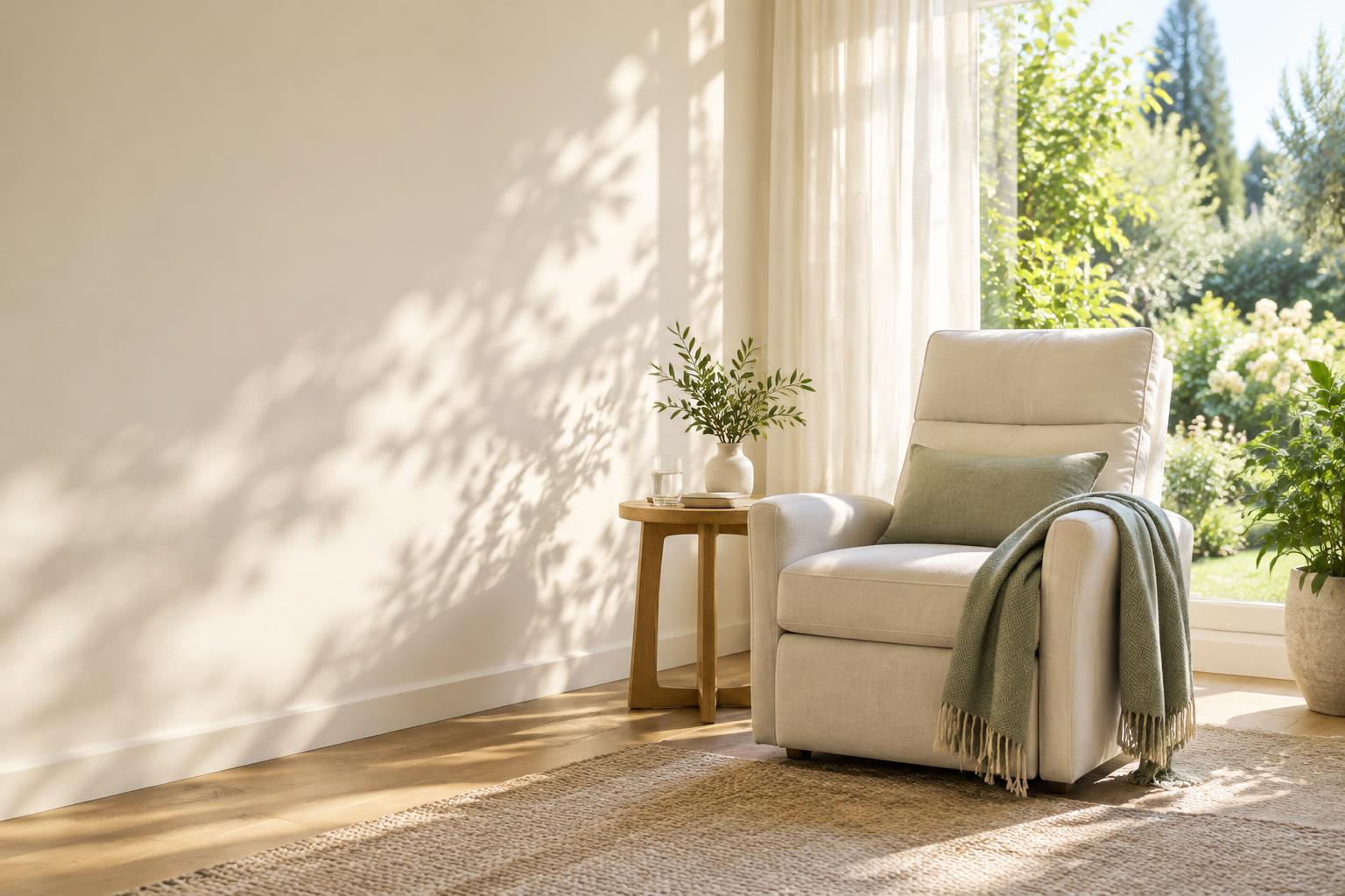 A peaceful sunlit space with a comfortable chair and garden greenery